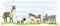 Four farm animals, horse, sheep, cow and goat on meadow, funny vector illustration