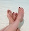 four feet of husband and wife relaxing in the pool