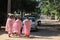 Four female monks asking for alms and food, waking in the streets of Bagan early morning. They wear pink clothes and shaved heads