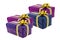 Four festive giftbox wedding dark lilac blue paper ribbon white background