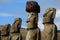 Four of fifteen huge Moai statues of Ahu Tongariki ceremonial platform on Easter Island archaeological site, Chile