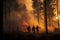 four firefighters walk through a forest with flames