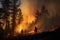 four firefighters walk through a forest with flames