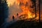 four firefighters walk through a forest with flames