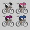 Four flat bicyclists, side view