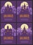 Four flyers with Halloween houses. Witch hut, Vampire castle, Haunted house and Graveyard chapel. Spooky Halloween posters