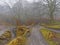 Four footpaths cross on a cold foggy morning in Black rock, Cromford