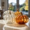 Four glass pumpkins, Halloween home decoration decor elements, hand made transparent colored glass