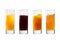 Four glasses with juices of orange, cherry, sea buckthorn and apple