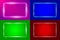 Four glowing rounded rectangular neon frames, pink, blue, green and red backgrounds. Realistic vector illustration