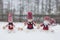 Four gnomes in knitted hats on skis in snowy landscape in Christmas time