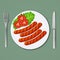 Four grilled sausages with lettuce and tomatoes on plate.