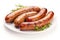 Four grilled sausages on a white plate, garnished with rosemary sprigs
