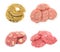 Four groups of different kind of uncooked burgers on white background