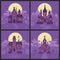 Four Halloween houses. Witch hut, Vampire castle, Haunted house and Graveyard chapel. Spooky Halloween backgrounds