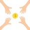 Four Hands arms reaching to cash gold coin money dollar sign symbol. Taking hand. Close up body part. Business card. Flat design.