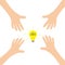 Four Hands arms reaching to idea light bulb sign symbol. Taking hand. Close up body part. Business card. Flat design. Wealth conce