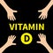 Four hands reaching to Vitamin D round capsule pill icon. Yellow color. Healthy lifestyle diet concept. Fish oil supplements. Flat