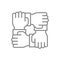 Four hands, team work line icon. Togetherness, solidarity, unity symbol