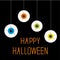 Four hanging eyeballs. Happy Halloween card.