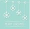 Four hanging snowflakes with dash line bows on blue. Merry Christmas card. Flat design