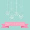 Four hanging snowflakes with dash line bows on blue Pink ribbon. Merry Christmas card. Flat design