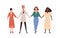 Four happy diverse young woman smiling holding hands vector flat illustration. Group of girl union of feminists standing