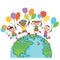 Four happy jumping kids round the globe, with balloons background cartoon