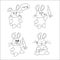 Four hares with carrots coloring page with different emotions