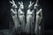 Four hares in long white dresses stand , concept of Animal behavior, created with Generative AI technology