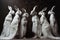 Four hares in long white dresses stand , concept of Animal behavior, created with Generative AI technology