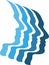 Four heads, faces in blue, head and human logo