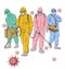 Four health workers  fighting against corona virus cartoon illustration