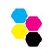 Four hexagons in CMYK colors. Printer theme. Vector illustration