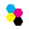 Four hexagons in CMYK colors. Printer theme. Vector illustration