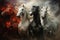 Four horses of the apocalypse - white, red, black and pale. Bible revelation