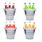 Four ice buckets filled with three soda bottles each