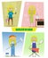 Four illustrations of busy cartoon young woman