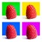 Four images of raspberries set againt different coloured bright backgrounds in a pop art style