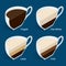 Four isometric cups of coffee in a cut Tripplo, Flat White, Latte, Irish. Coffee collection isolated on blue. Perfect