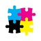 Four jigsaw puzzle pieces in CMYK colors. Printer theme. Vector illustration