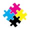 Four jigsaw puzzle pieces in CMYK colors. Printer theme. Vector illustration