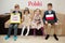 Four kids show inscription learn polish. Foreign language learning concept. Polski