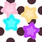 Four kids stars in rose violet blue and orange colors on brown polka dots white background