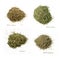 Four kinds of dried spices. Oregano, parsley, marjoram, tarragon. White isolated background. Top view.