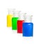 Four laboratory bottles with colorful liquids