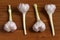 Four large heads of young garlic lie on a brown wooden plank table. Closeup