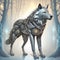 A four-legged fierce wolf made entirely of metal, with intricate details, against an ethereal glowing forest