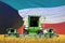 Four light green combine harvesters on grain field with flag background, Kuwait agriculture concept - industrial 3D illustration