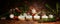 Four lighted small candles for the fourth Advent with Christmas decoration on dark rustic wood, panoramic format, copy space,